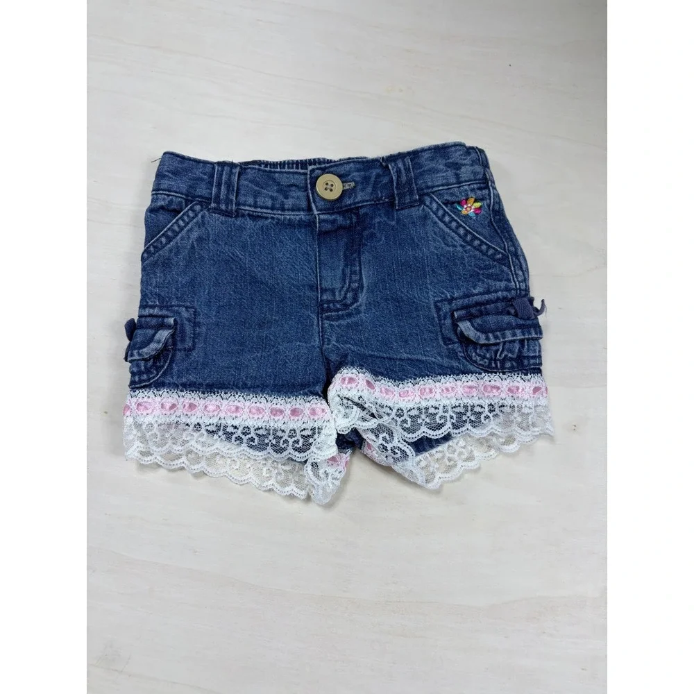 Carters Baby Girls Denim Shorts Blue Lace Trim Pink Ribbon Pockets 12 Months